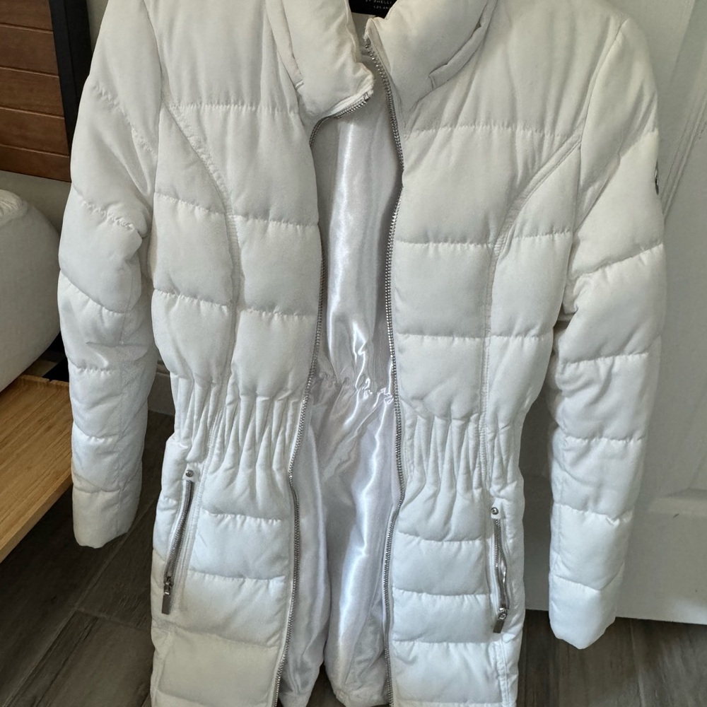 Laundry By Shelli Segal White Quilted Puffer Jacket with Cinch Waist